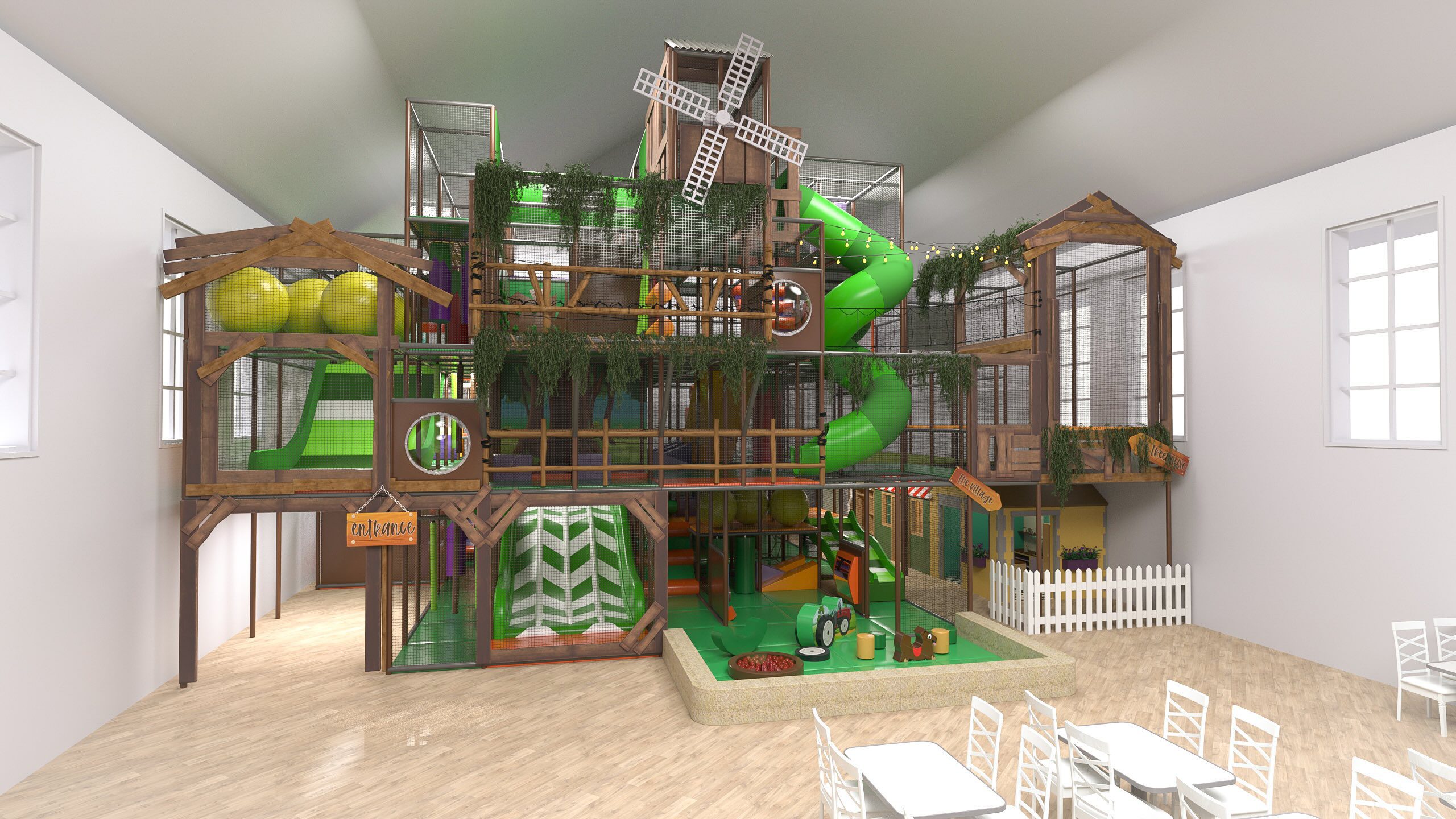 3D Render of Brocksbushes Farm. Highlights key features such as the green tube slide, white windmill feature and baby area.