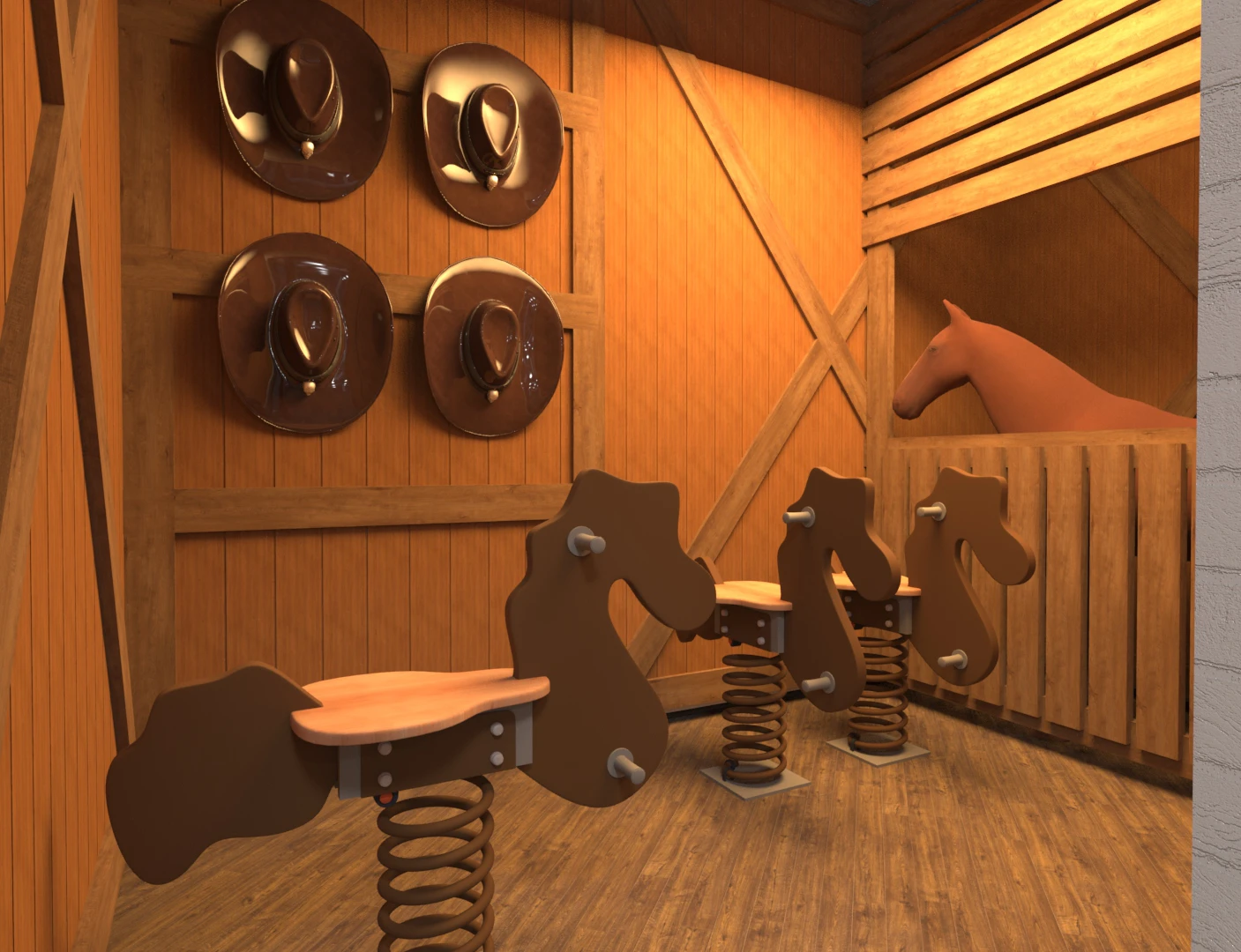 This is a 3D render of a western / cowboy themed indoor roleplay area. The area features 3 playground rock horses, some cowboy hats hung on the wall and a modelled horse.