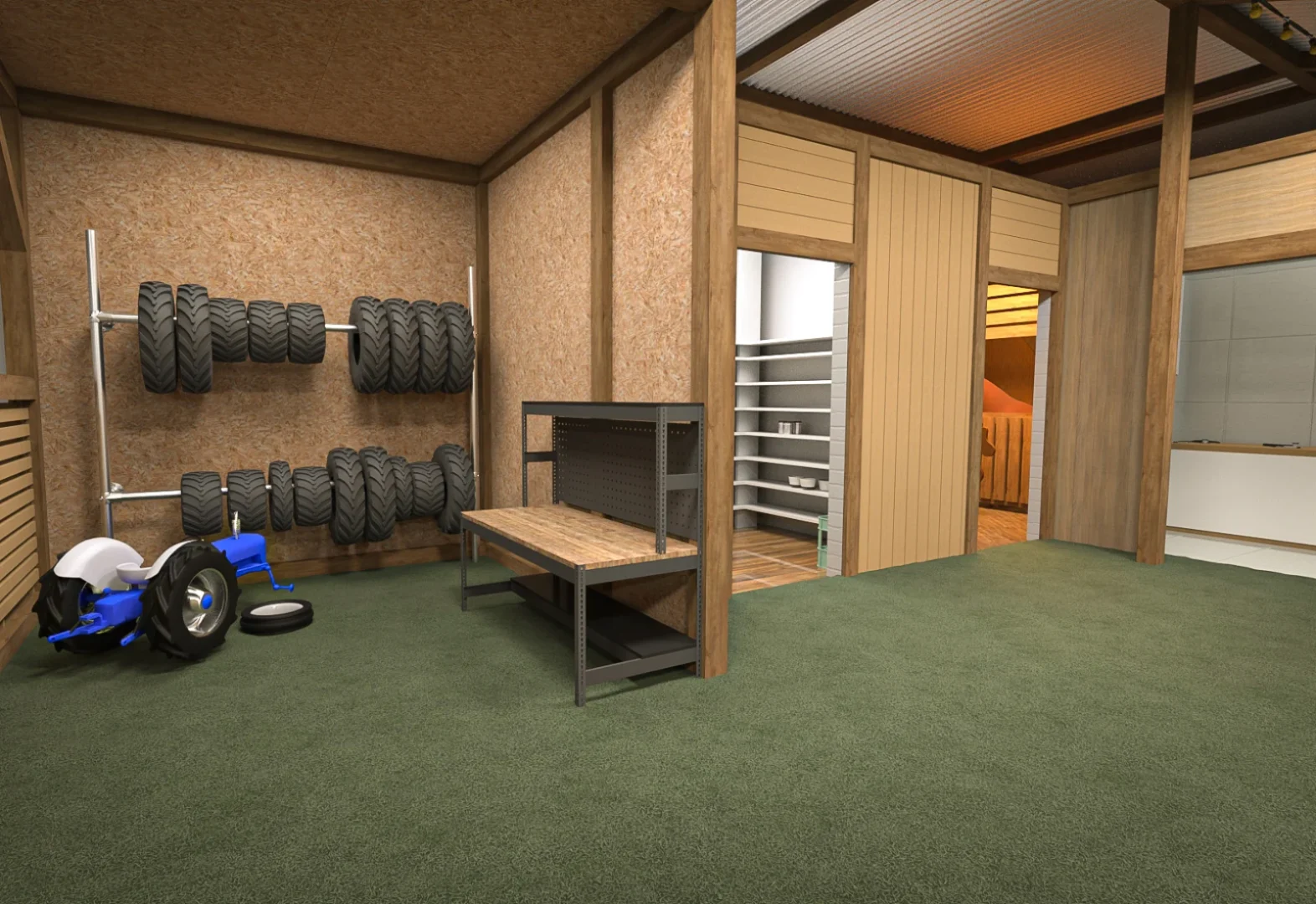 This is a 3D render of a car repair shop themed roleplay room. It features a wide open space with a small child car. There are wheels on the wall alongside a repair bench.