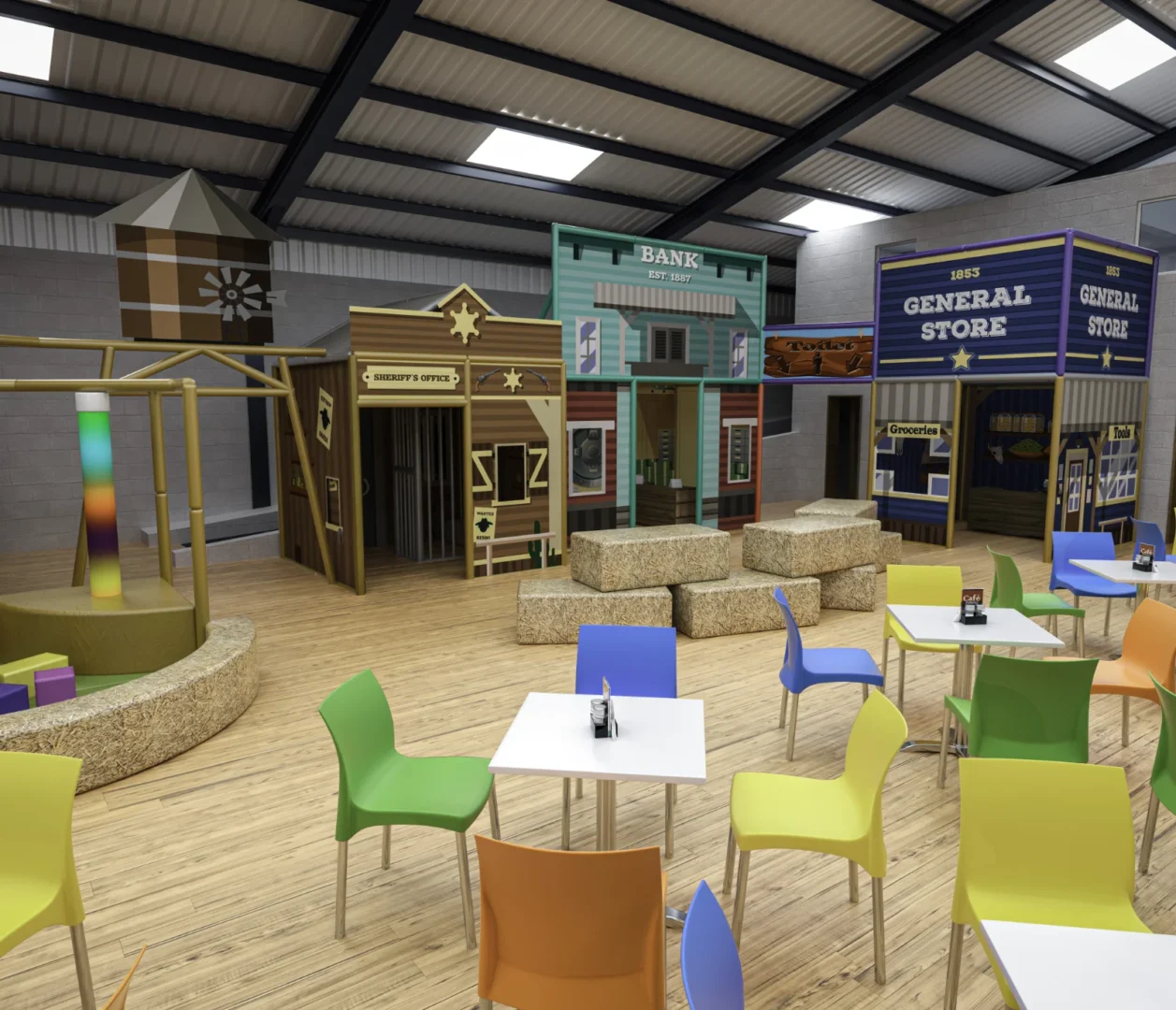 This is a 3D Render of a role play area we designed for a client. It features 3 stores themed around a cowboy/western theme. Theres a sheriff's office, a bank and a general store. There is also an in-theme sign leading to the toilets. A illustrative sign for a water silo is also featured on the left next to the baby area with an LED Light tube. Designed by Play Creations.