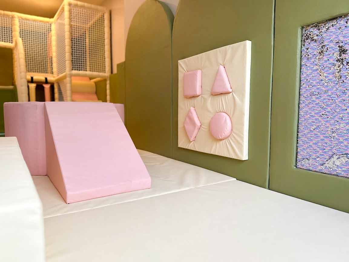 Pink and Cream wall puzzle and pink soft play toy pit