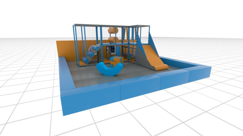 3D render of Downtown Stores indoor softplay area, building off an existing Qube set designed by Play Creations