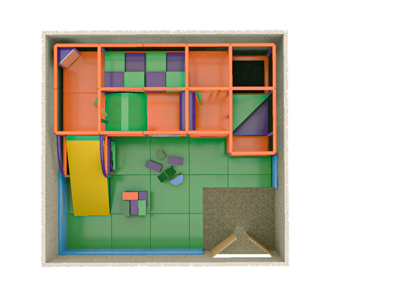 3D Render of the building layout for St Giles School's bright and bold indoor softplay area, designed for SEND children by Play Creations.