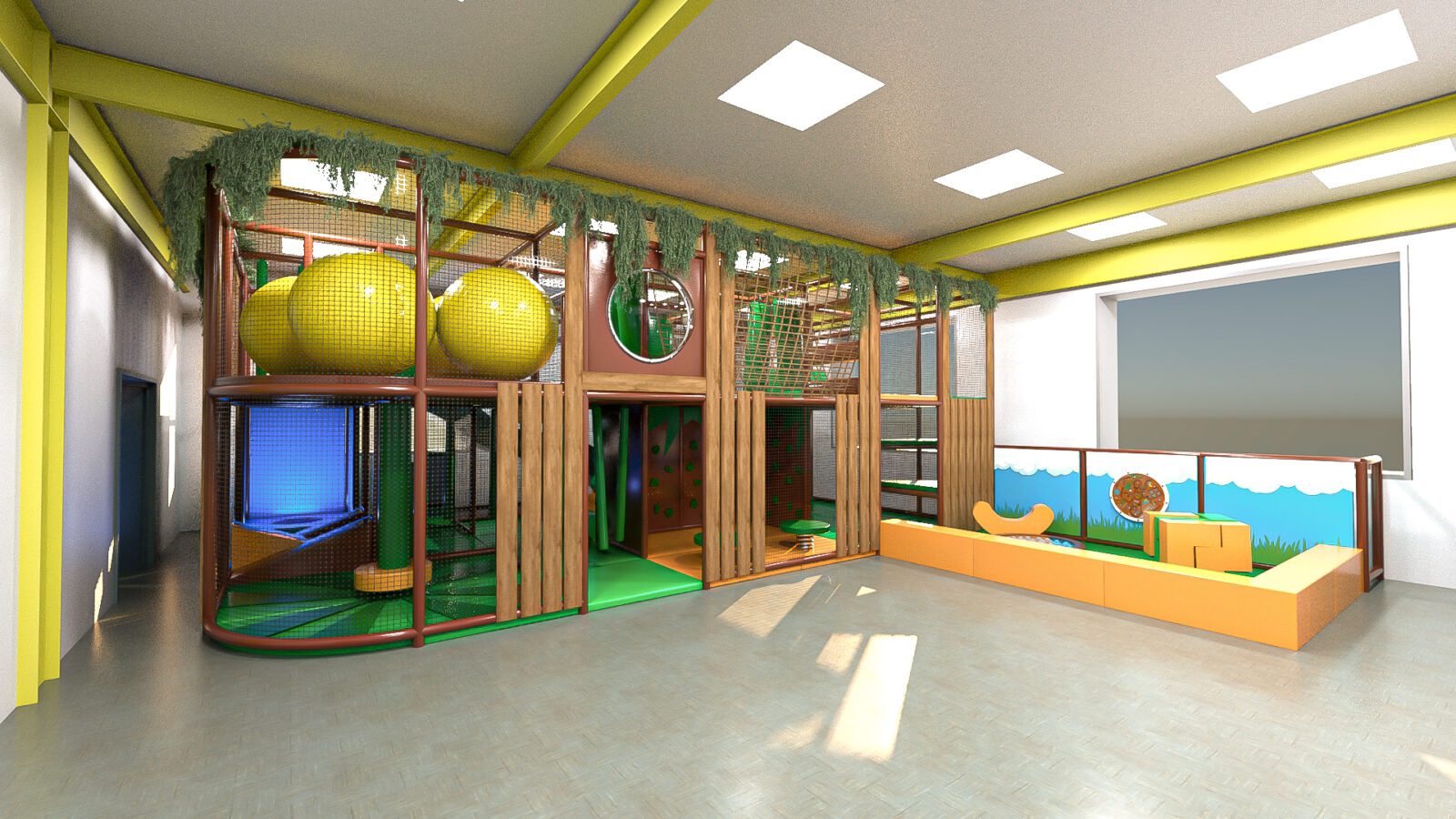 This is a 3D Render of the Awesome CIC's indoor softplay area in London. It features a front-facing view of the woodland themed softplay, showcasing the brown, green and yellow colour scheme. It also shows the wooden details and hanging vines.