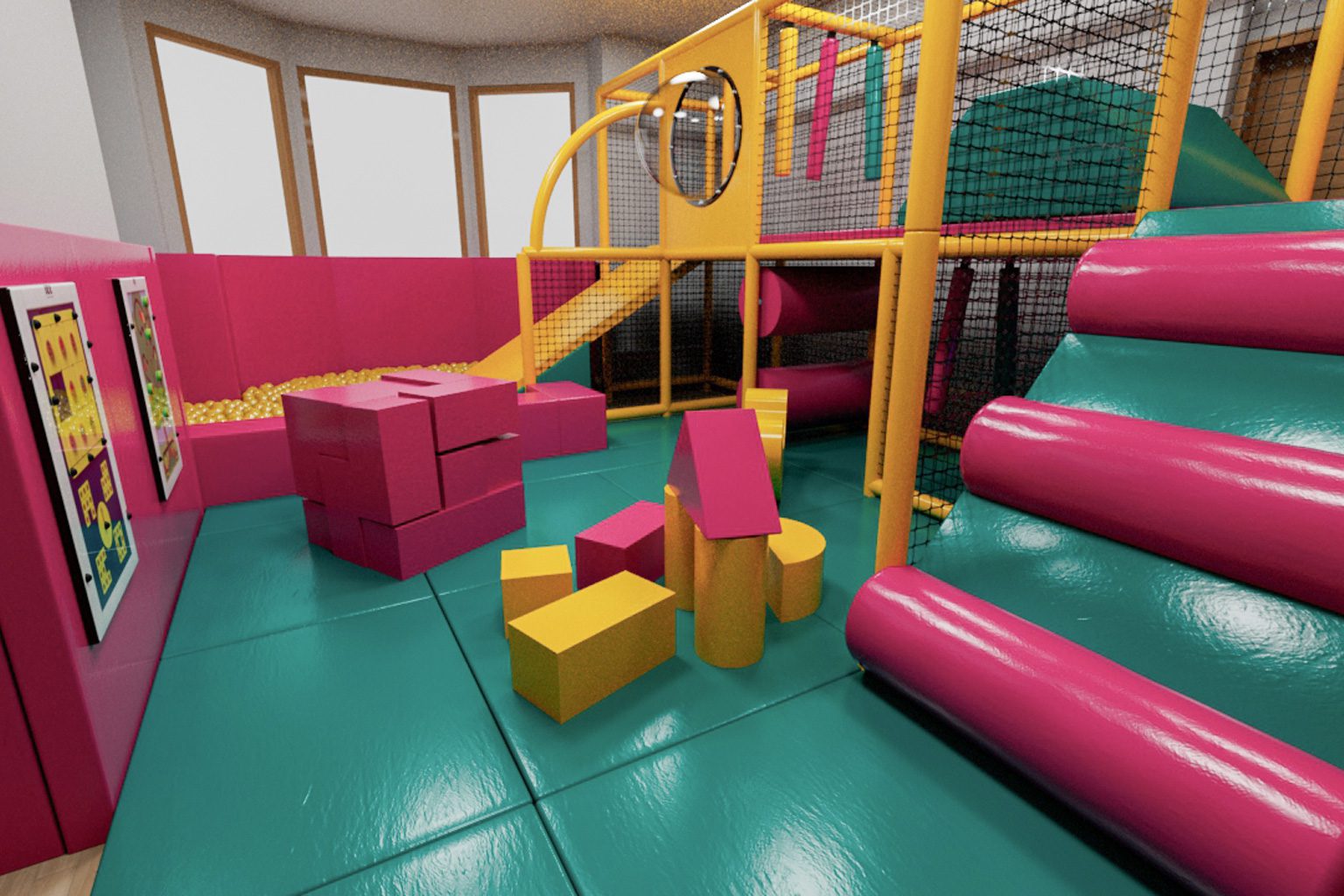 3D Render of Our Special Angels' indoor softplay area. It features a yellow, blue and pink themed softplay.