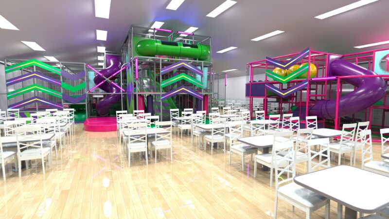 This is a full 3D render of Fun Factory's indoor softplay area. The render showcases how the softplay installation will look once its finished. It presents the LED arrow lighting, the color scheme (purple, green and pink) and the different features the softplay will have such as the numerous slides.