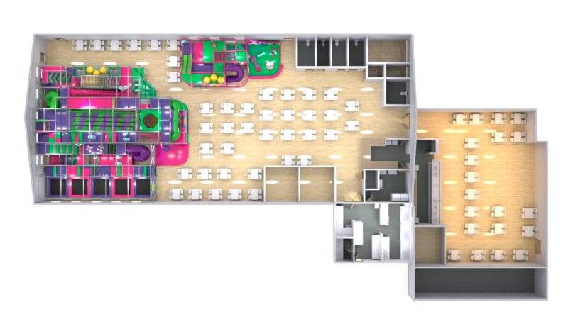 A 3D floor plan render showcasing Fun Factory's softplay and toddler area, detailing the layout of the room including tables, chairs and the indoor softplays.