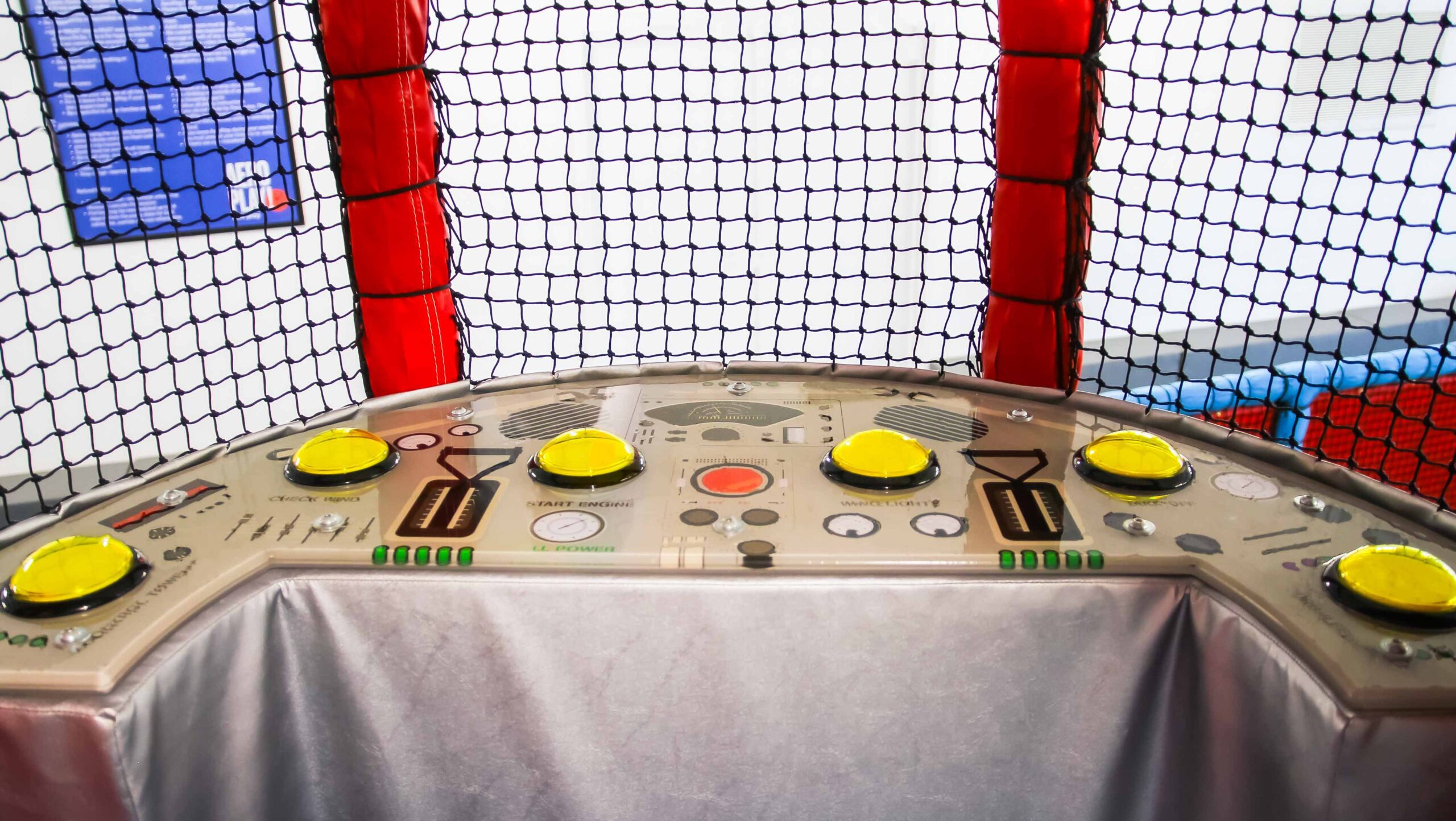 Custom Plane control panel designed for the RAF Museum's indoor softplay area. The control panel can be interacted with through 6 buttons. The panel illustrates a real plane control panel.