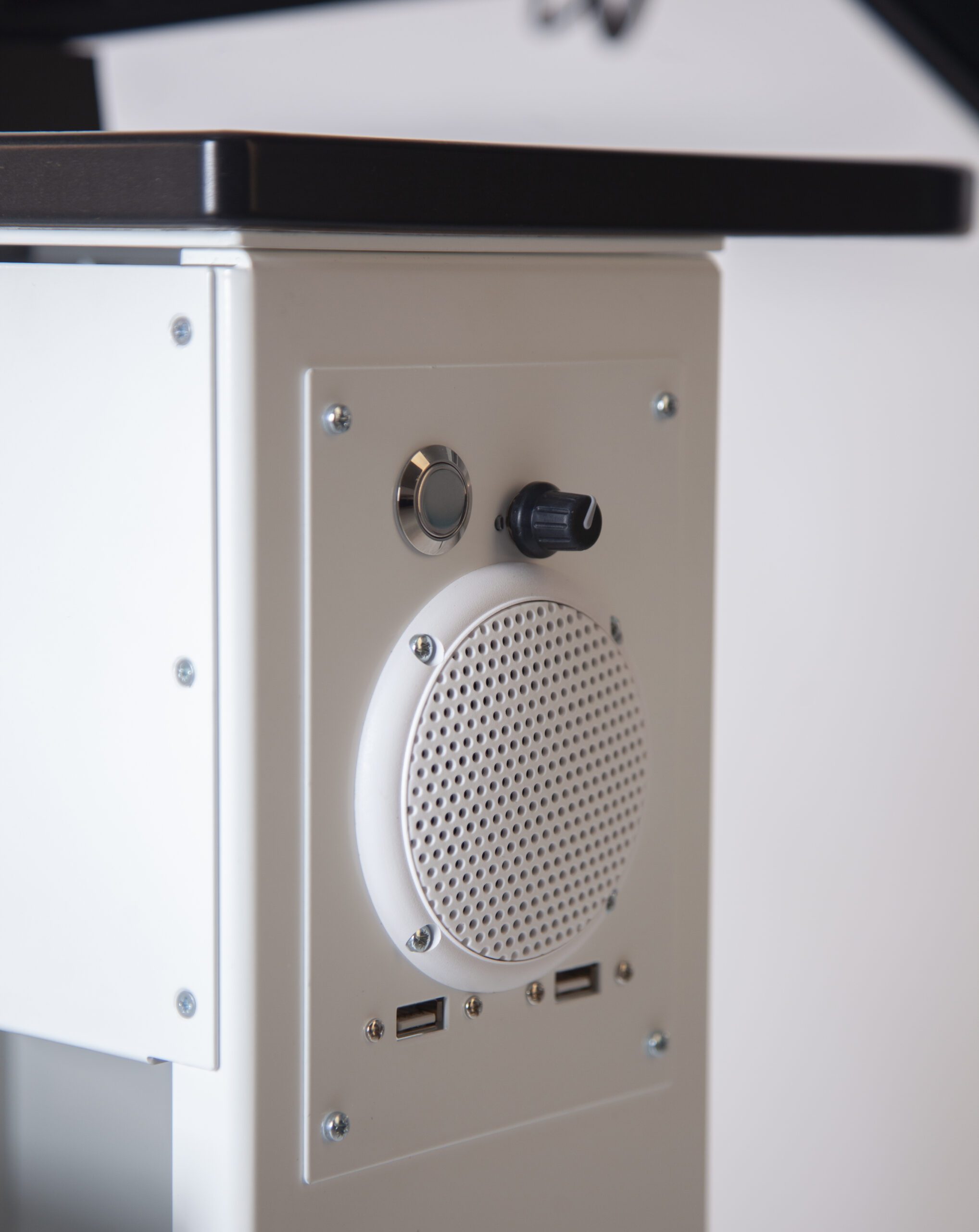 Closeup of the control panel and speaker on Playhubs entertainment console. Showcases a circle speaker and a dial, along with two usb ports.