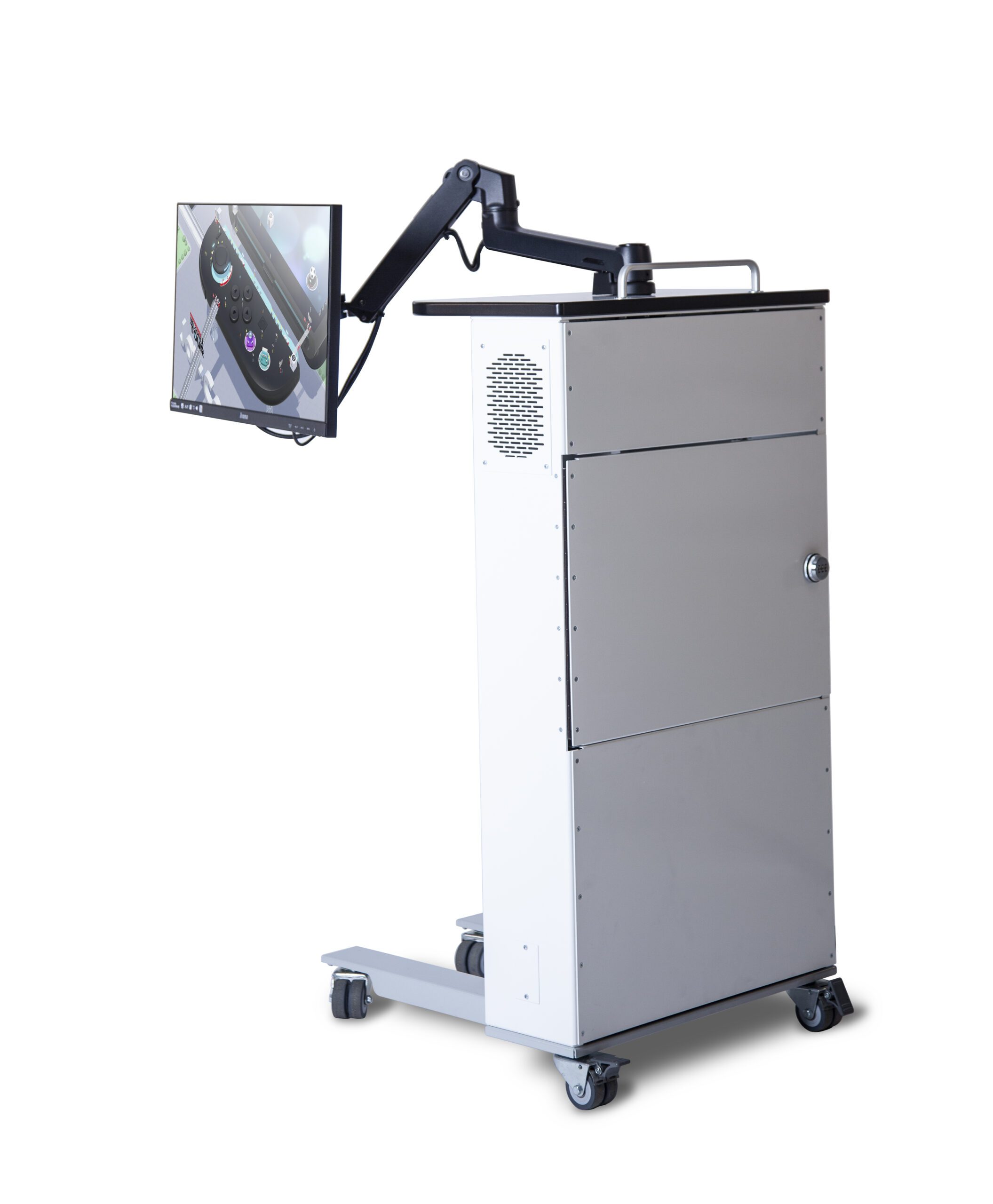 Playhub's Entertainment console, the unit features a tv screen on a moveable arm which connects to the main unit. The wheels are on a low-hanging stabilising bar.