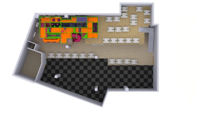 3D Render of Building Layout at Clip 'n' Climb Colindale's indoor softplay area.