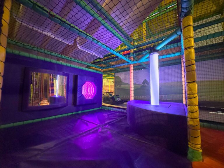 Cannon Hall Farm's sensory area featuring an LED Light Tube, Infinity Mirror and Wobble Mirror. The colour scheme is purple. This area was designed by Play Creations.