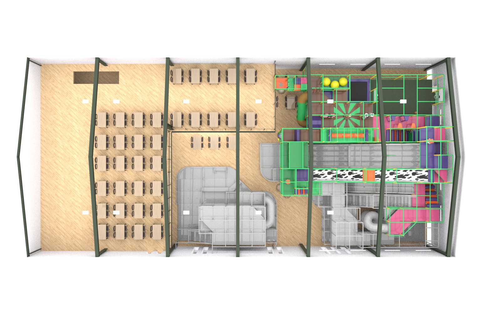 This is a 3D Render of the room layout at Cannon Hall's indoor softplay area. This render was done by Play Creations