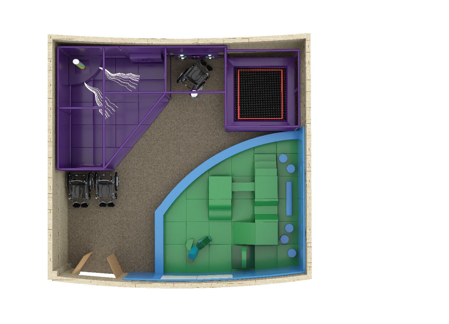 3D Render of room layout for St Giles School's indoor movement and sensory room designed for SEND children by Play Creations. Features a blue, green and purple overall themeing and is a birds-eye view shot.