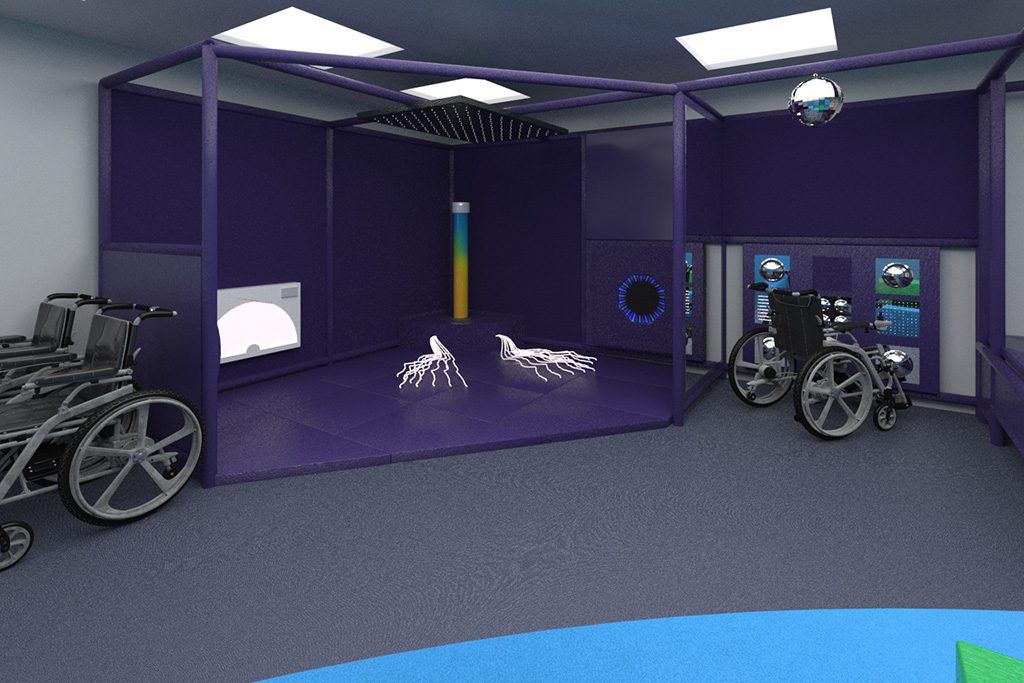 3D Render of Sensory area at St Giles School's indoor sensory and movement room. Designed with a purple colour scheme by Play Creations.