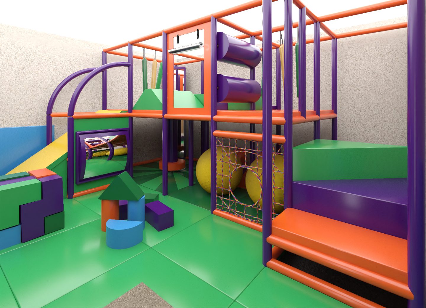 3D Render of the final installation of St Giles School's indoor softplay area for their school in Retford, designed by Play Creations. Orange, Purple and Green is the main colour scheme for this.