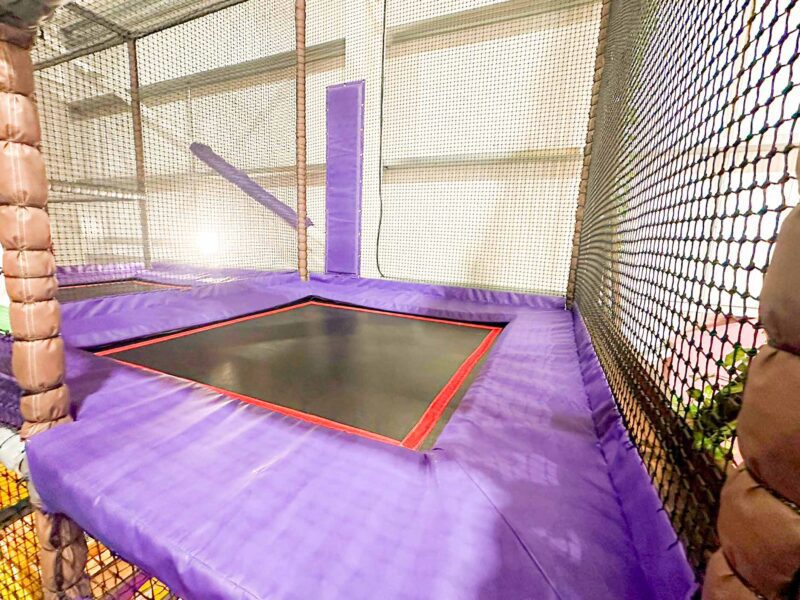Brocksbushes own trampolines, they are black with a red border surrounded by purple vinyl. These were designed by Play Creations.