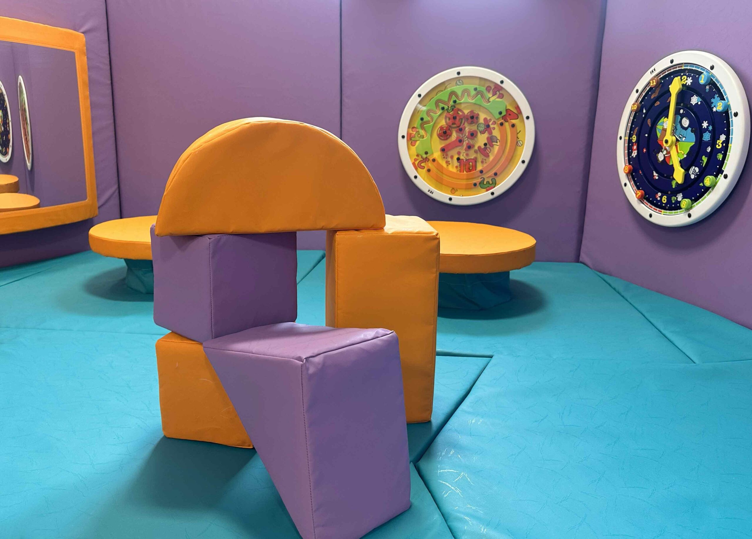 SOMA Cube Block in purple and orange for Craigentinny's indoor softplay area designed by Play Creations