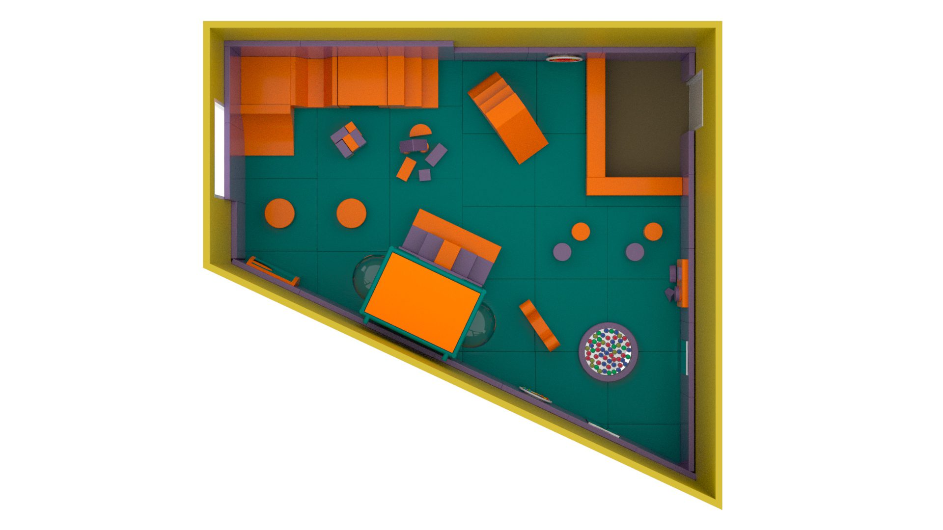 3D render of building layout at Craigentinnys indoor softplay area designed by Play Creations