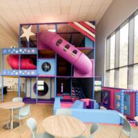 RAF Lakenheath's purple, blue and pink stars and stripes themed indoor softplay area, designed by Play Creations