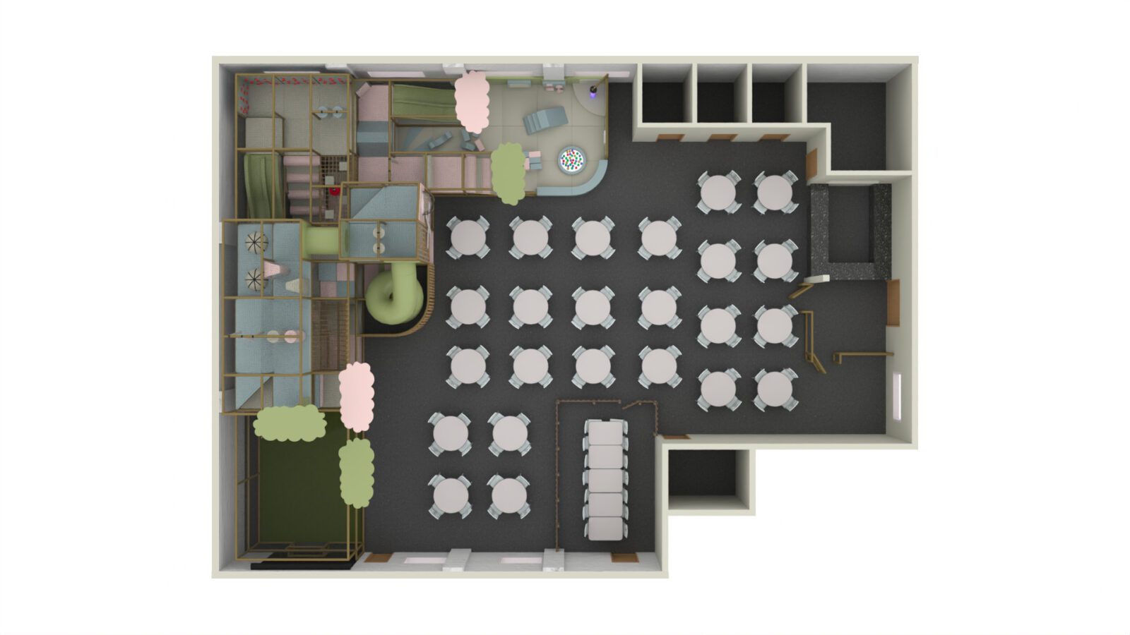 3D Render of the softplay layout for The Play Hut designed by Play Creations Ltd.