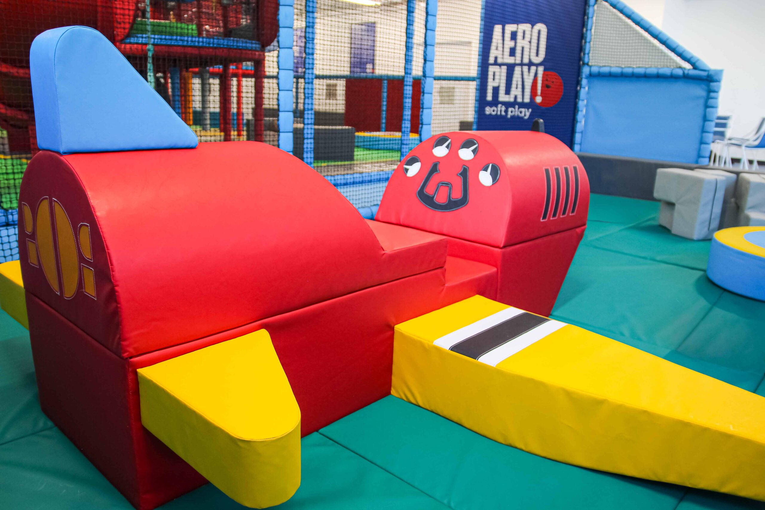 Red, yellow and blue softplay plane found at the RAF museum's indoor softplay area.