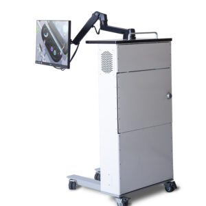 Playhub's Entertainment console, the unit features a tv screen on a moveable arm which connects to the main unit. The wheels are on a low-hanging stabilising bar.